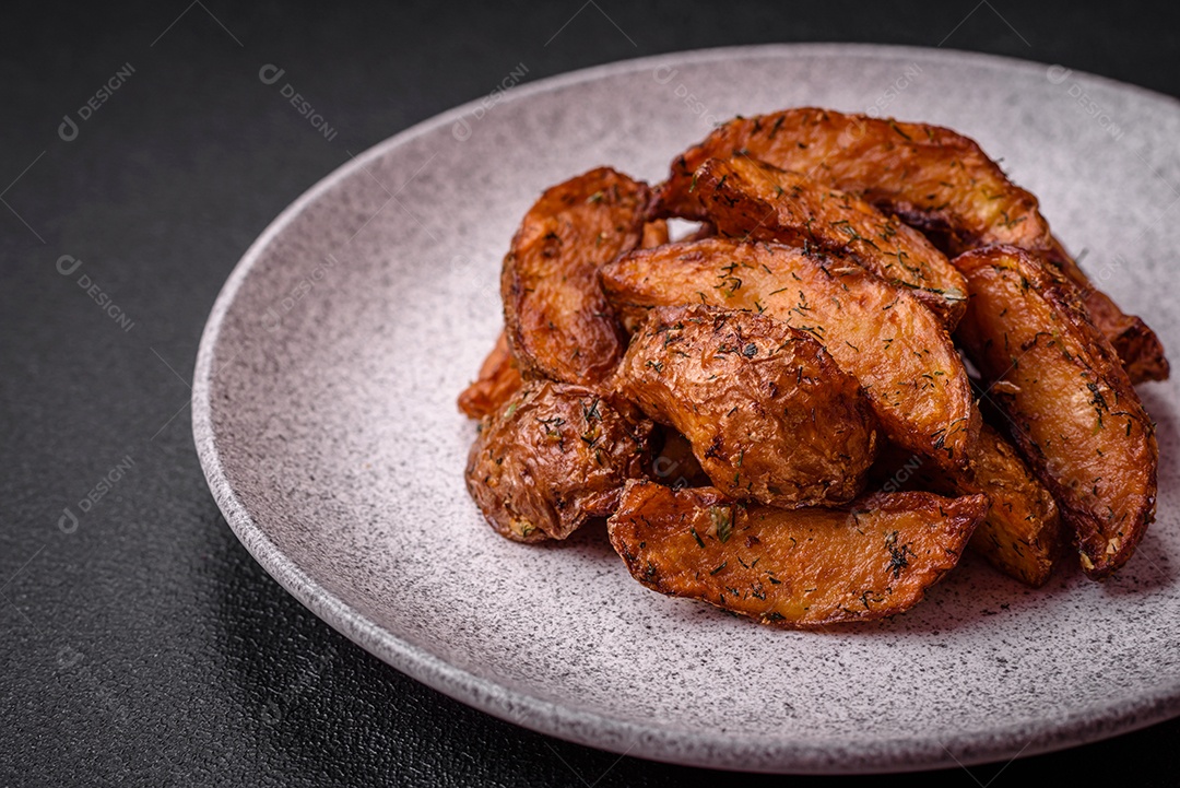 Deliciosas fatias de batata crocante com alho, sal, especiarias e ervas sobre um fundo escuro de concreto