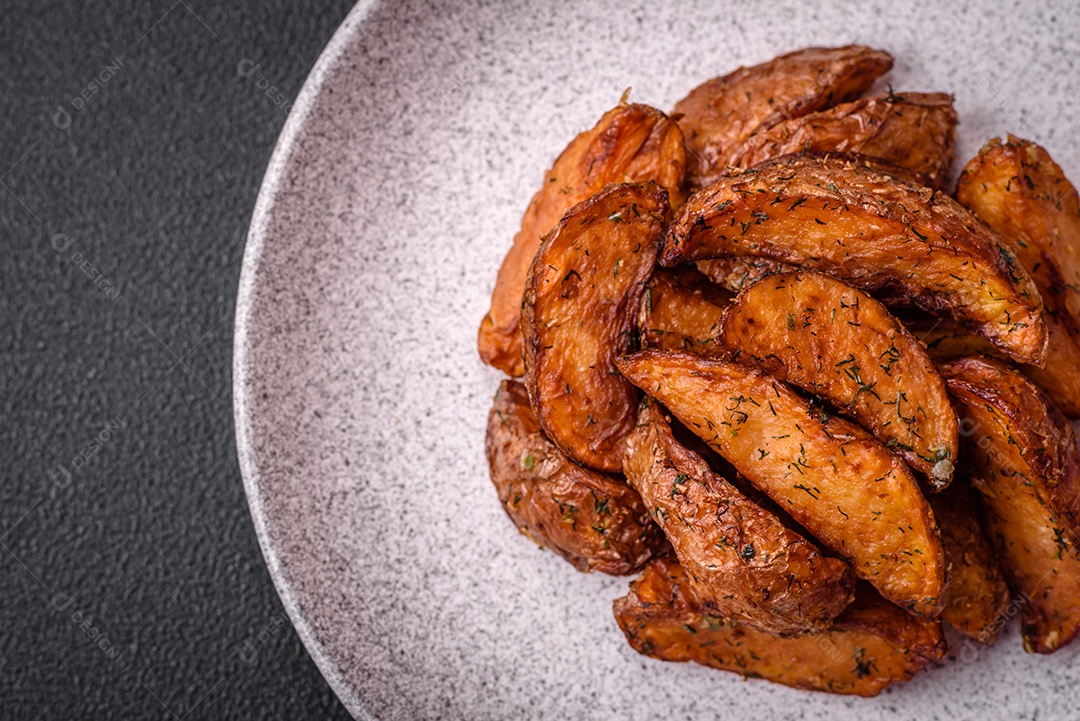 Deliciosas fatias de batata crocante com alho, sal, especiarias e ervas sobre um fundo escuro de concreto