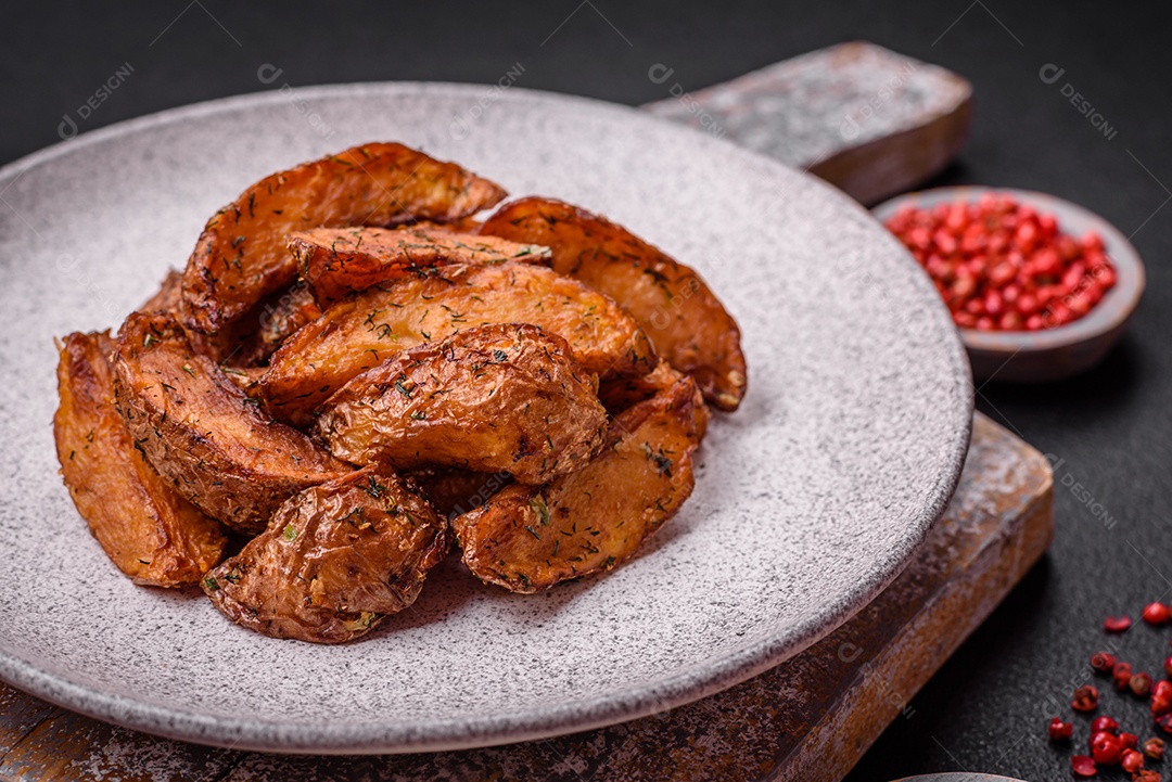 Deliciosas fatias de batata crocante com alho, sal, especiarias e ervas sobre um fundo escuro de concreto