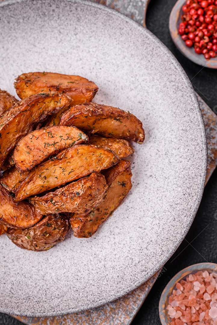 Deliciosas fatias de batata crocante com alho, sal, especiarias e ervas sobre um fundo escuro de concreto