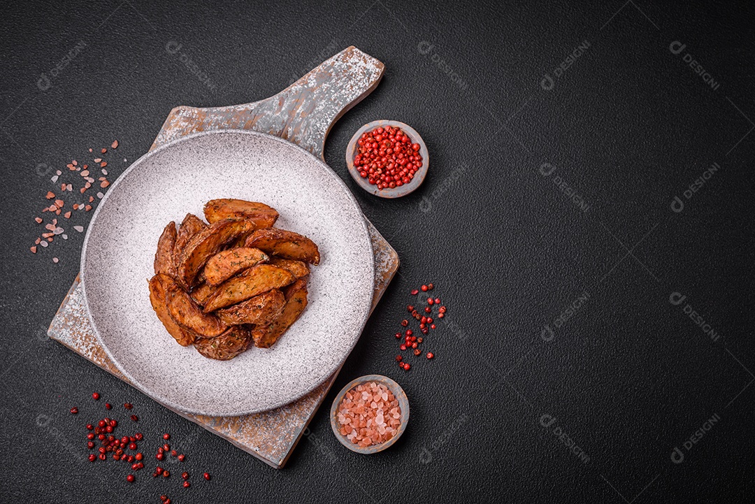 Deliciosas fatias de batata crocante com alho, sal, especiarias e ervas sobre um fundo escuro de concreto