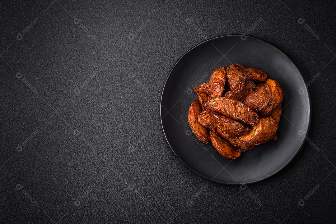 Deliciosas fatias de batata crocante com alho, sal, especiarias e ervas sobre um fundo escuro de concreto