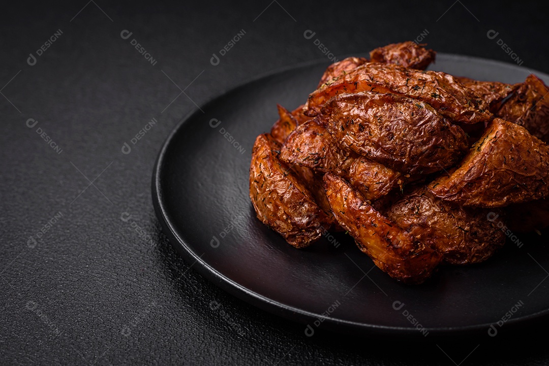 Deliciosas fatias de batata crocante com alho, sal, especiarias e ervas sobre um fundo escuro de concreto