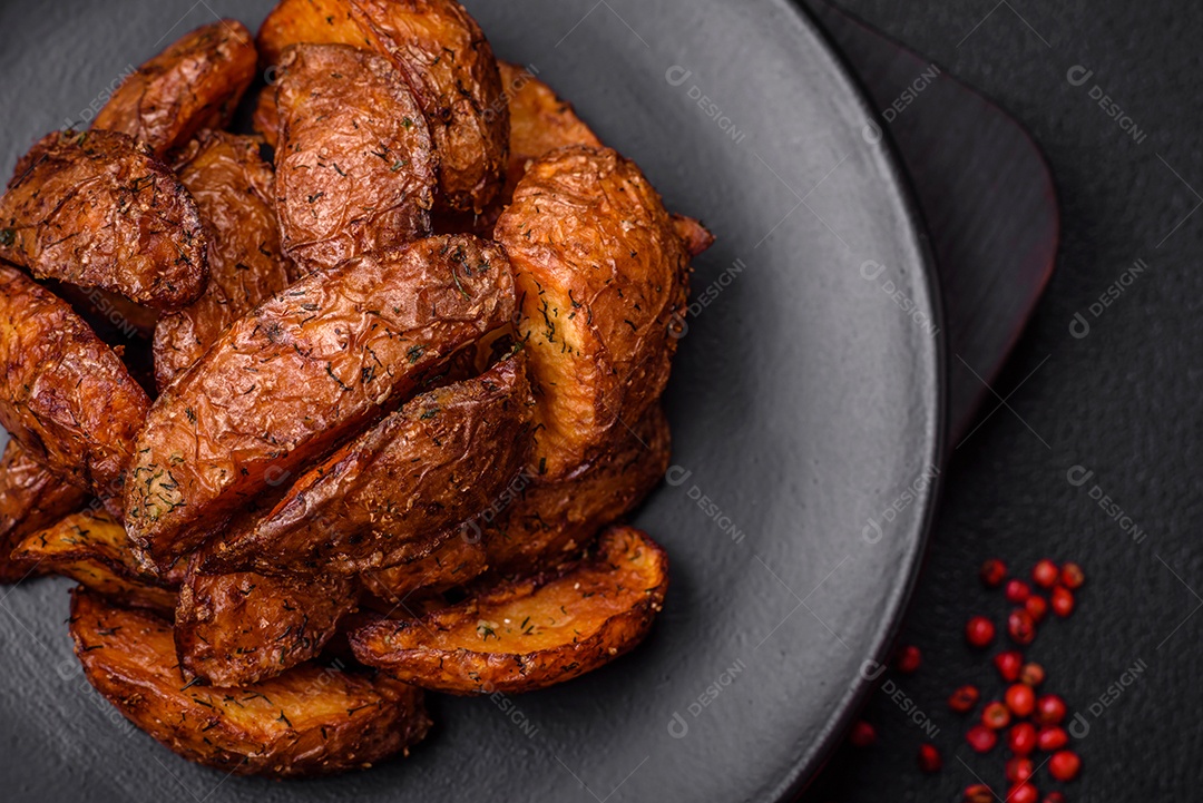 Deliciosas fatias de batata crocante com alho, sal, especiarias e ervas sobre um fundo escuro de concreto