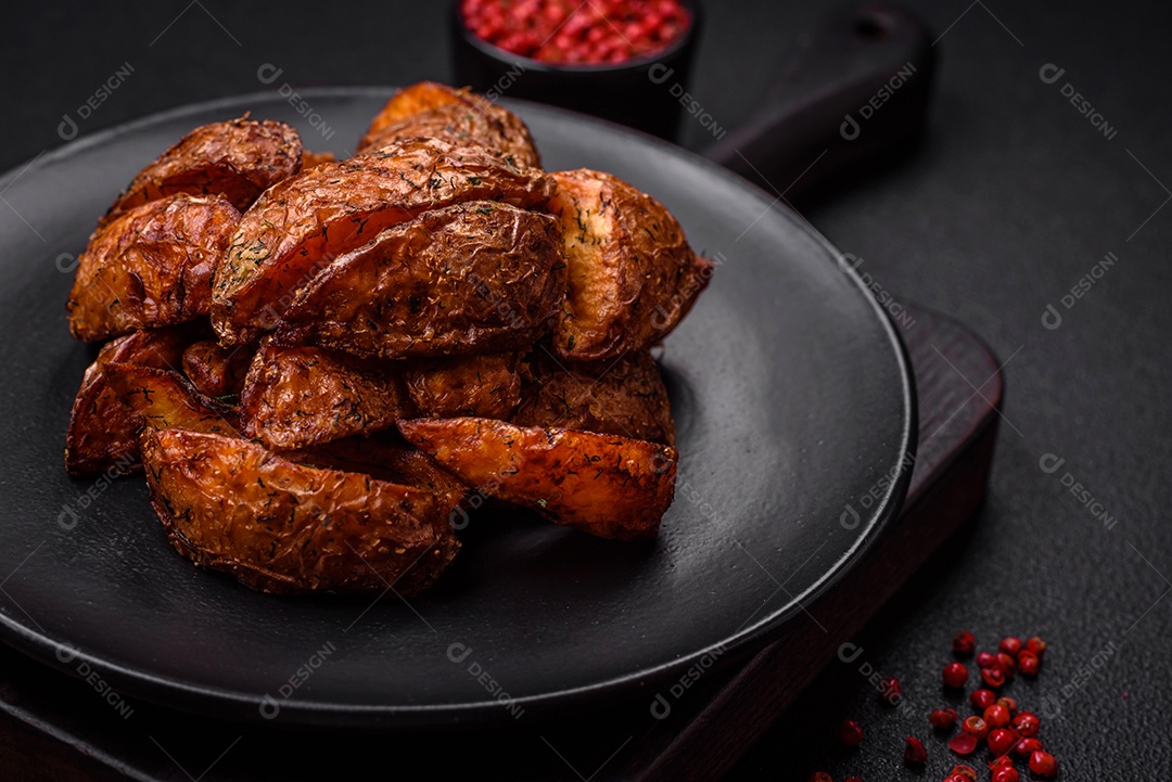 Deliciosas fatias de batata crocante com alho, sal, especiarias e ervas sobre um fundo escuro de concreto