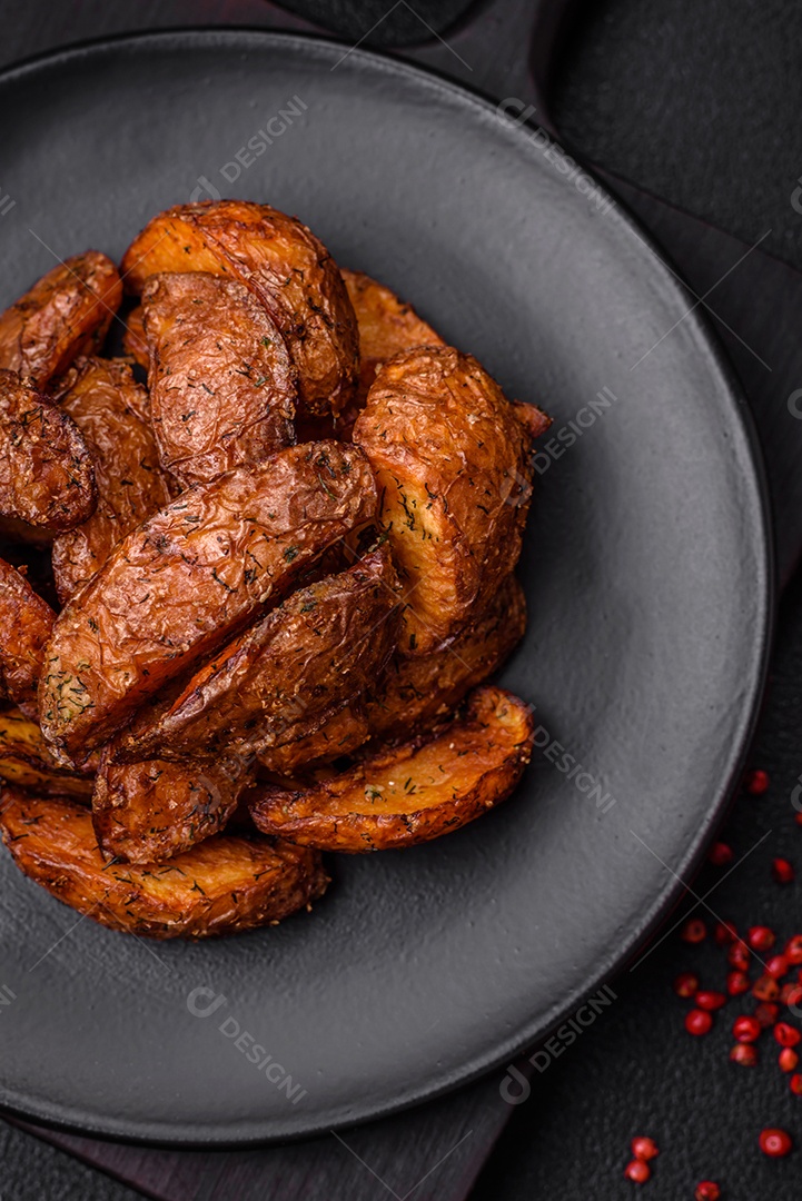 Deliciosas fatias de batata crocante com alho, sal, especiarias e ervas sobre um fundo escuro de concreto