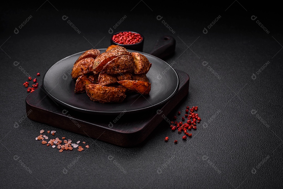 Deliciosas fatias de batata crocante com alho, sal, especiarias e ervas sobre um fundo escuro de concreto