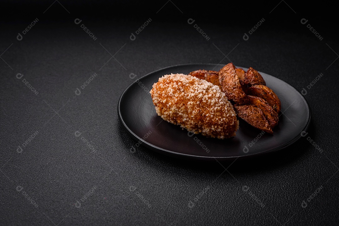 Deliciosa costeleta fresca ou almôndega ao estilo Kiev com recheio, sal, especiarias e ervas