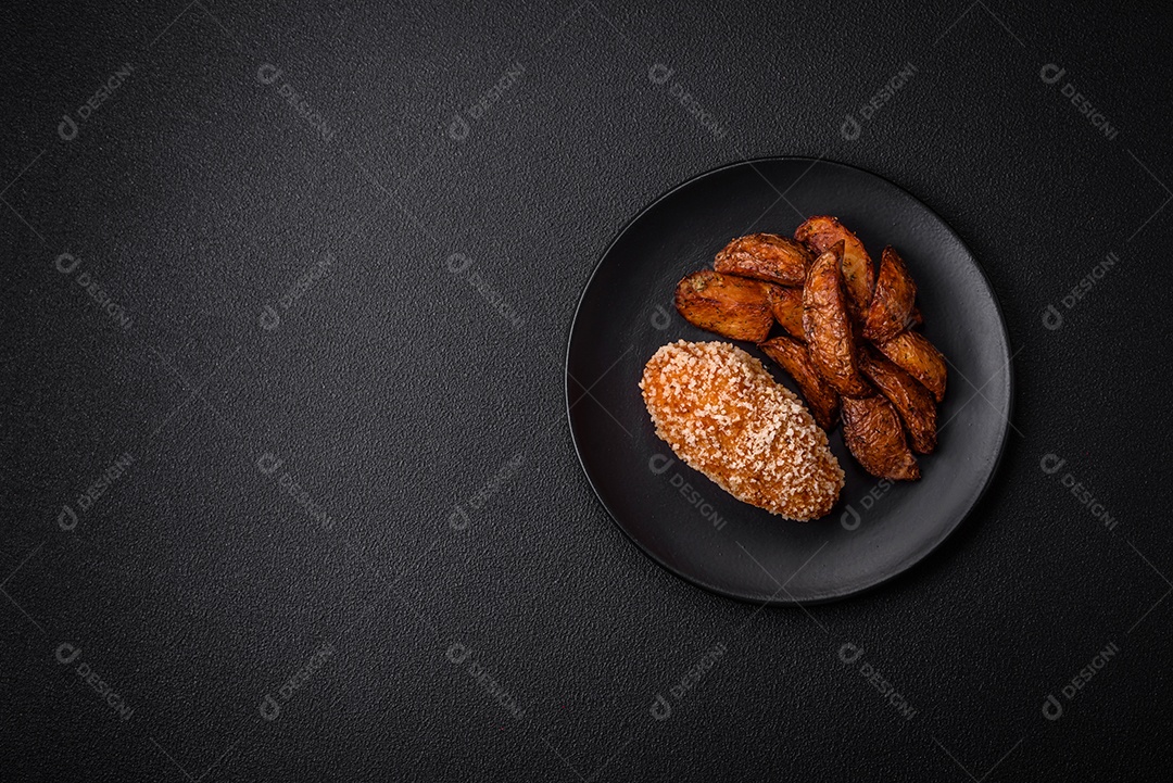 Deliciosa costeleta fresca ou almôndega ao estilo Kiev com recheio, sal, especiarias e ervas