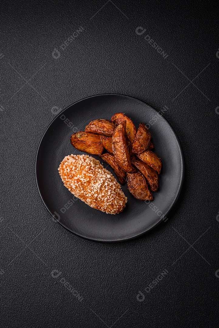 Deliciosa costeleta fresca ou almôndega ao estilo Kiev com recheio, sal, especiarias e ervas