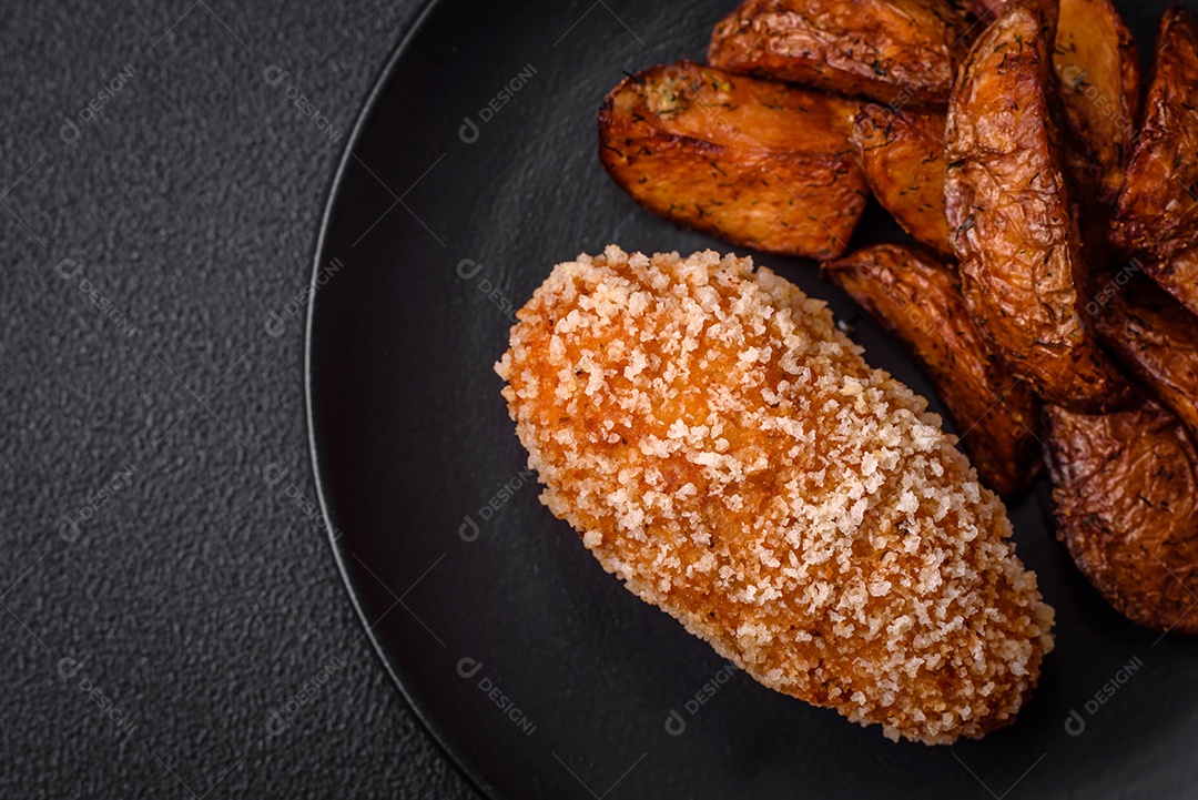 Deliciosa costeleta fresca ou almôndega ao estilo Kiev com recheio, sal, especiarias e ervas