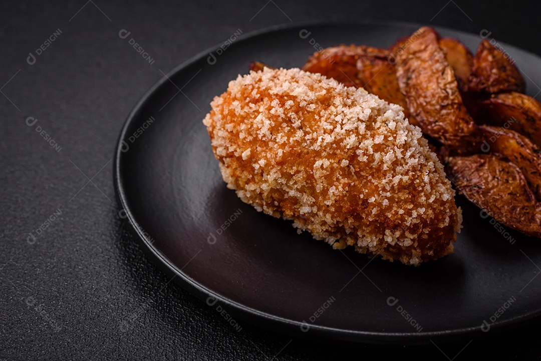 Deliciosa costeleta fresca ou almôndega ao estilo Kiev com recheio, sal, especiarias e ervas