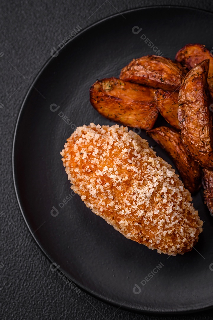 Deliciosa costeleta fresca ou almôndega ao estilo Kiev com recheio, sal, especiarias e ervas