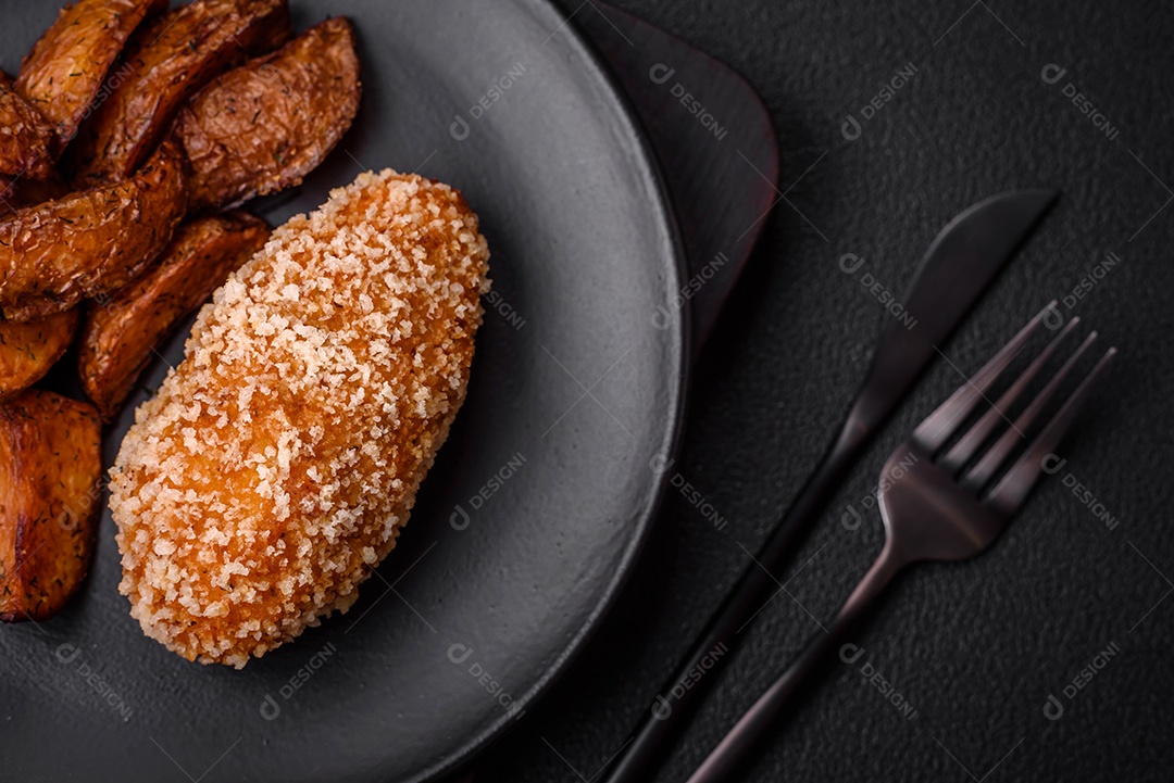 Deliciosa costeleta fresca ou almôndega ao estilo Kiev com recheio, sal, especiarias e ervas