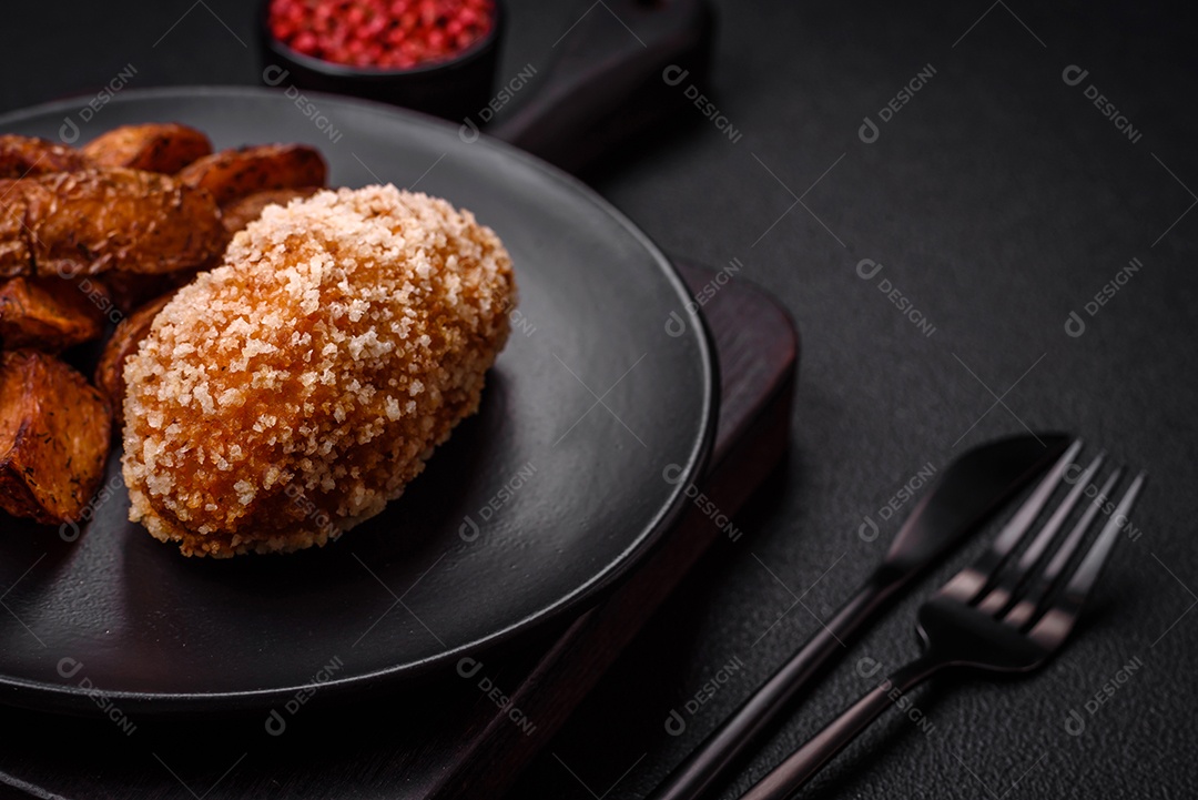 Deliciosa costeleta fresca ou almôndega ao estilo Kiev com recheio, sal, especiarias e ervas