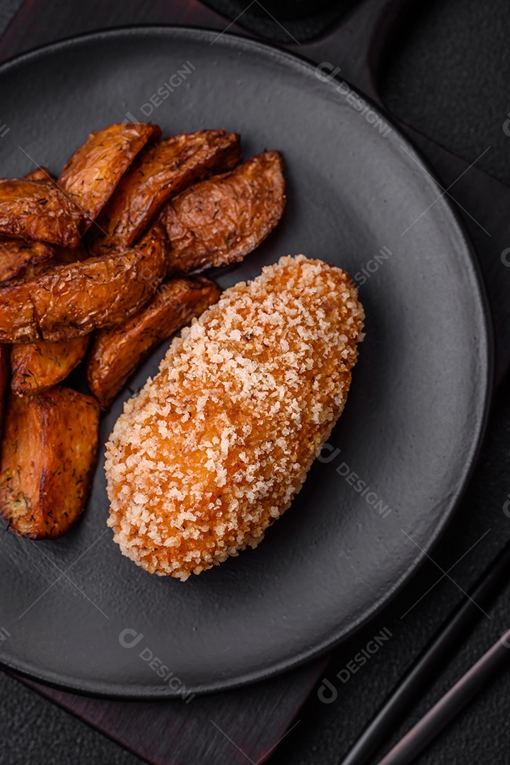 Deliciosa costeleta fresca ou almôndega ao estilo Kiev com recheio, sal, especiarias e ervas