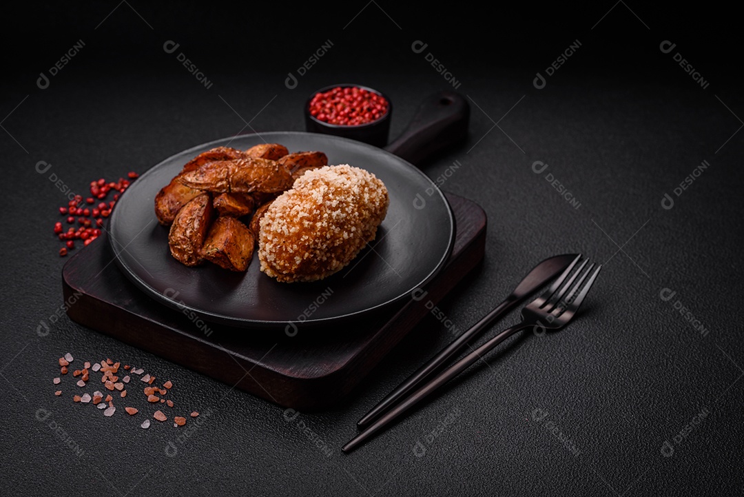 Deliciosa costeleta fresca ou almôndega ao estilo Kiev com recheio, sal, especiarias e ervas