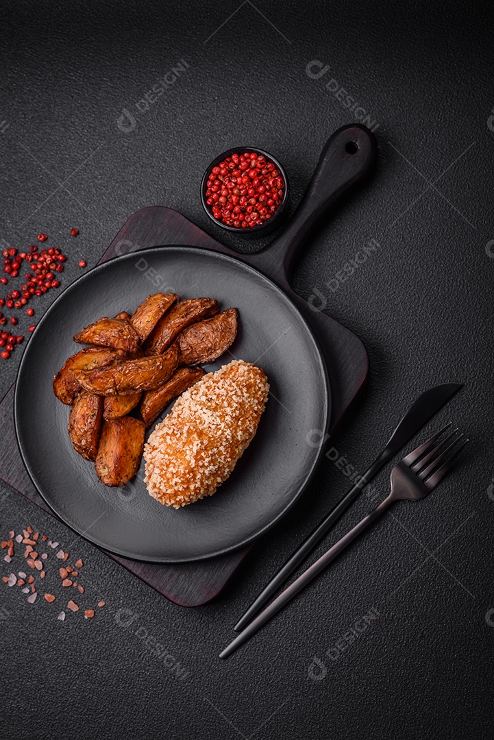 Deliciosa costeleta fresca ou almôndega ao estilo Kiev com recheio, sal, especiarias e ervas