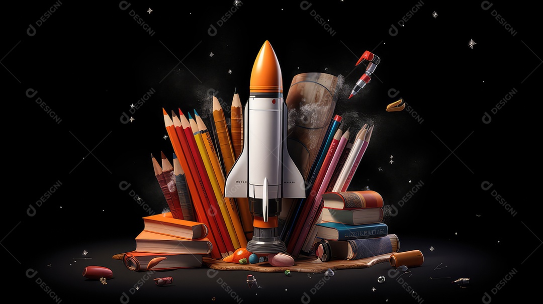 Conceito de volta às aulas com foguete livros lápis e estrelas