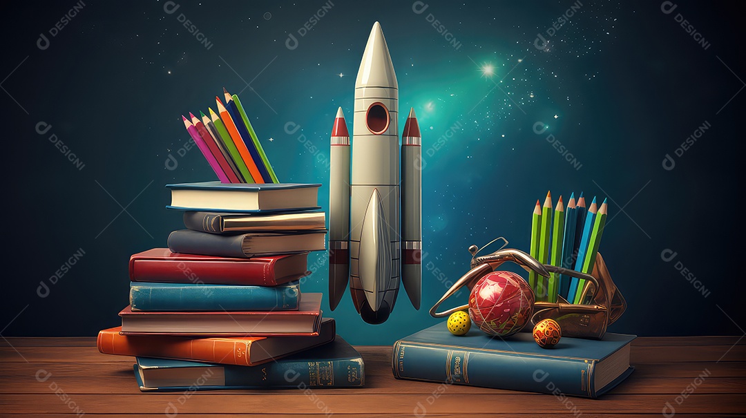 Conceito de volta às aulas com foguete livros lápis e estrelas