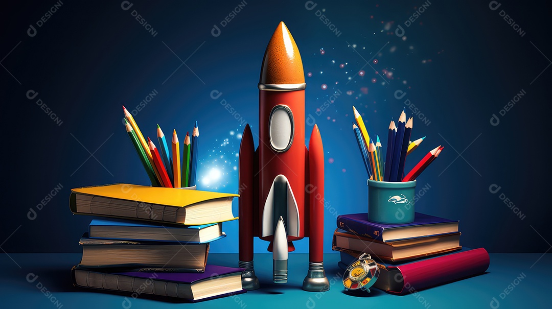 Conceito de volta às aulas com foguete livros lápis e estrelas