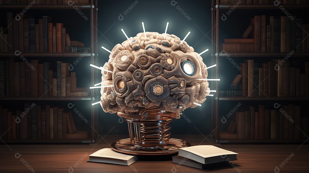 Livro aberto com cérebro humano e lâmpada incandescente sobre mesa de madeira