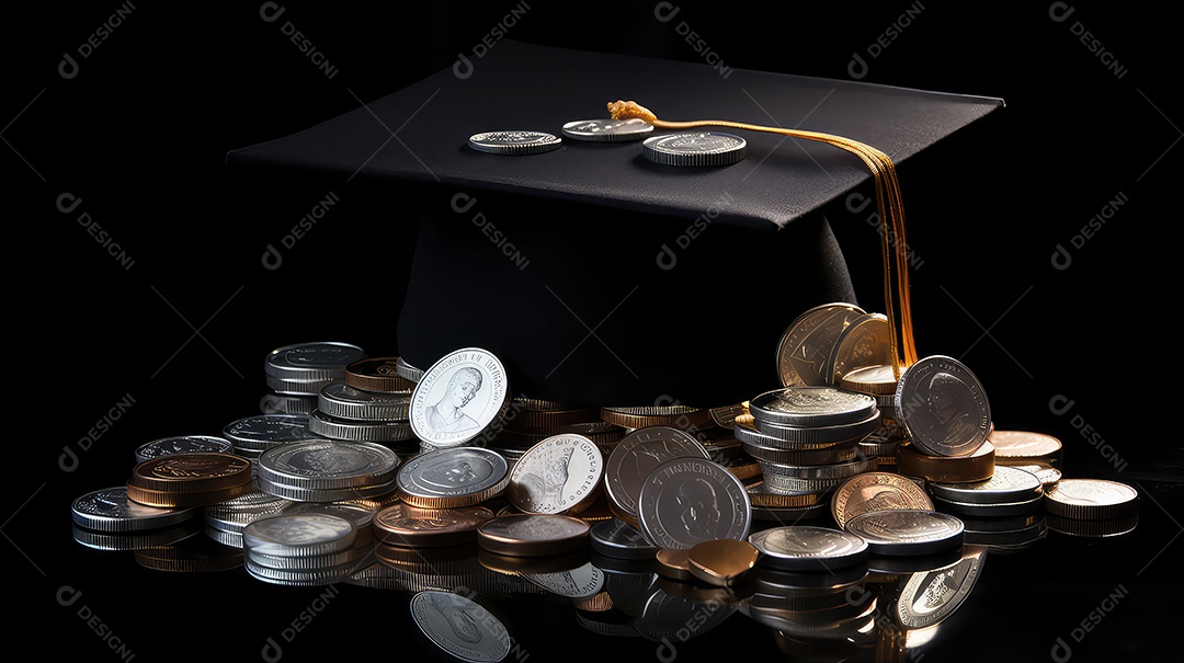 Capelo de formatura e moedas em fundo preto