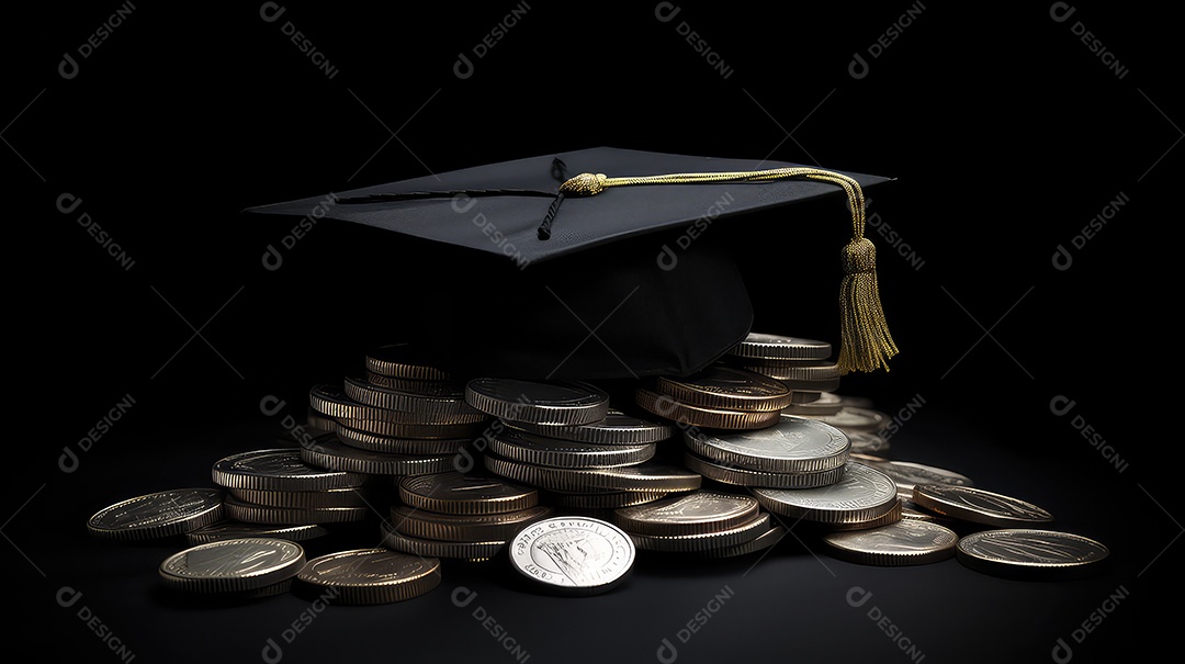 Capelo de formatura e moedas em fundo preto