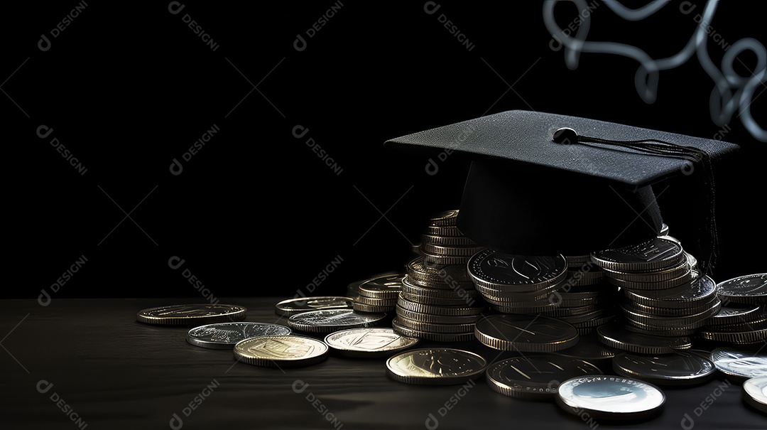 Capelo de formatura e moedas em fundo preto