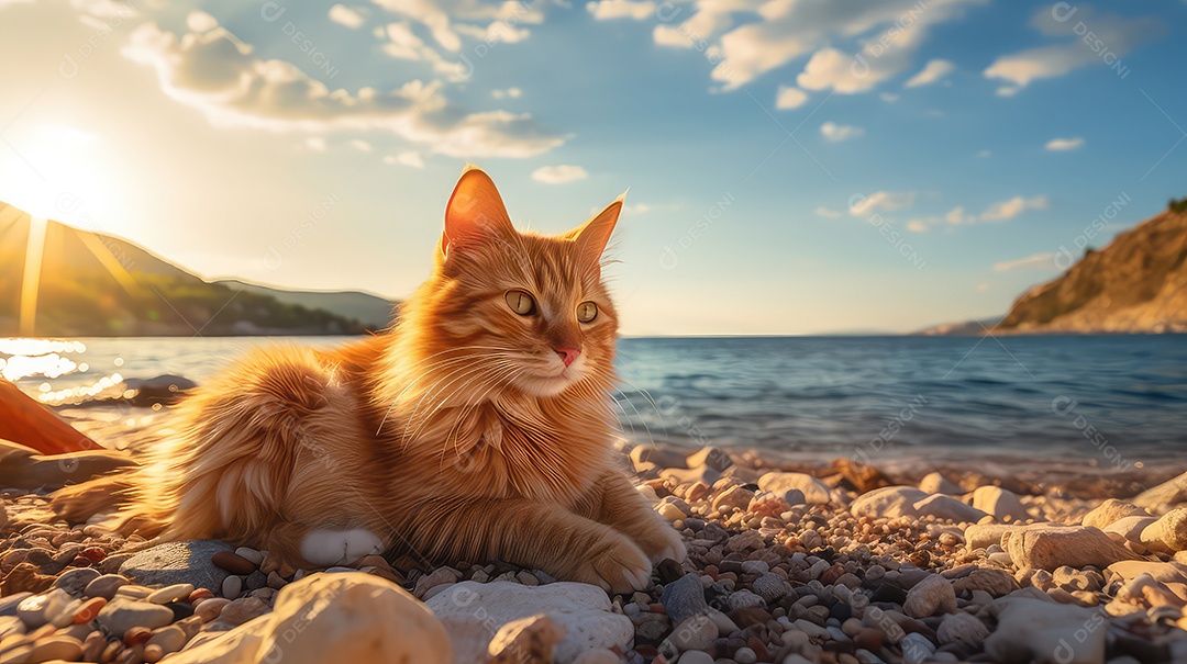 Gato malhado fofo com óculos de sol deitado em uma rede em uma praia tropical