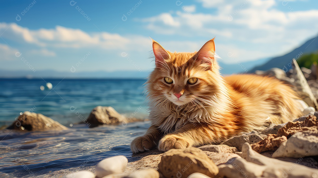 Gato malhado fofo com óculos de sol deitado em uma rede em uma praia tropical