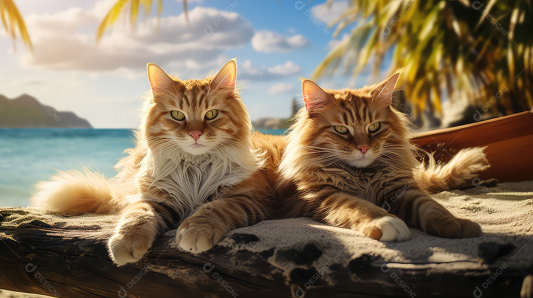 Gato malhado fofo com óculos de sol deitado em uma rede em uma praia tropical