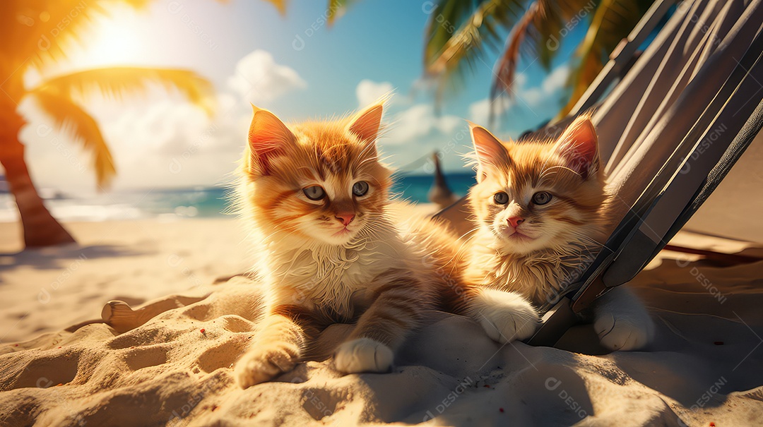 Gato malhado fofo com óculos de sol deitado em uma rede em uma praia tropical