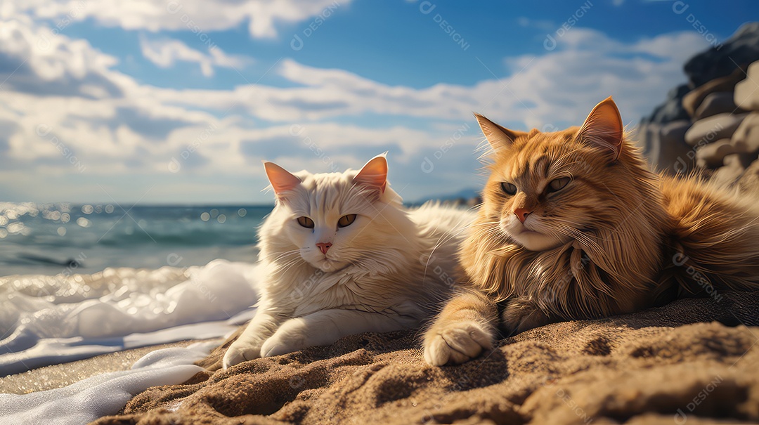 Gato malhado fofo com óculos de sol deitado em uma rede em uma praia tropical