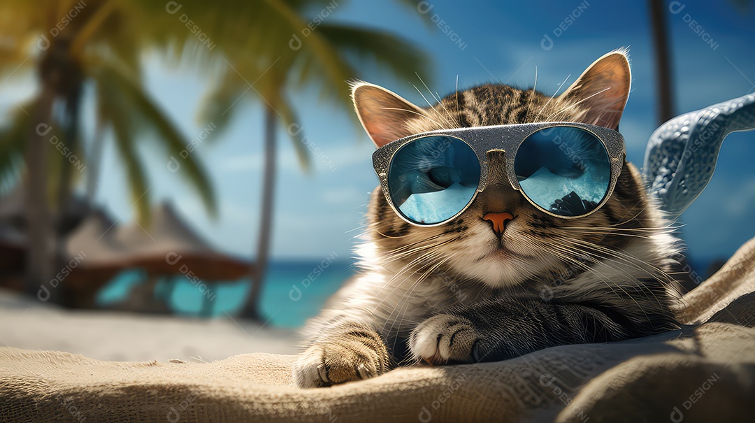 Gato malhado fofo com óculos de sol deitado em uma rede em uma praia tropical