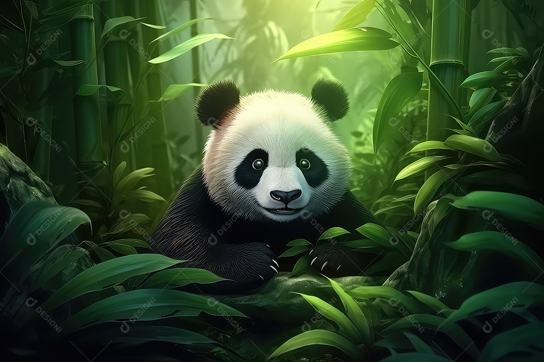 Retrato de panda gigante em floresta de bambu