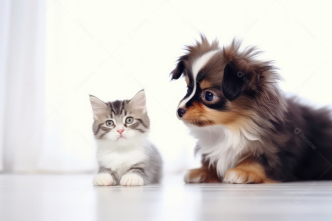 Gatinho fofo e cachorrinho no fundo do interior da casa