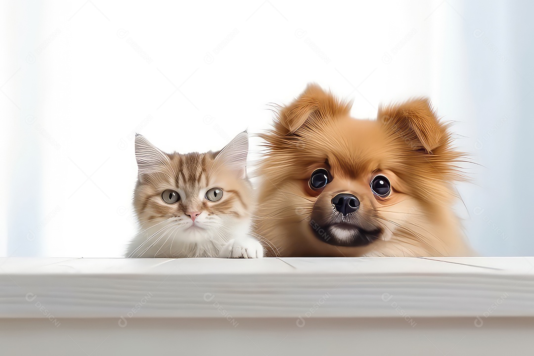 Gatinho fofo e cachorrinho no fundo do interior da casa
