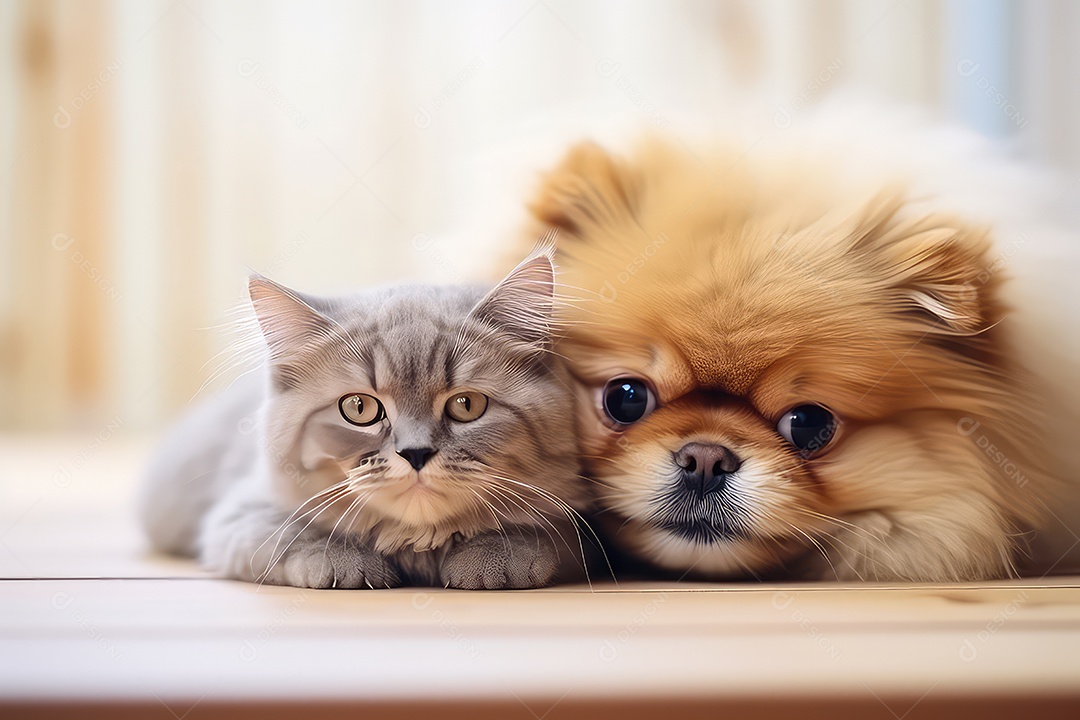 Gatinho fofo e cachorrinho no fundo do interior da casa