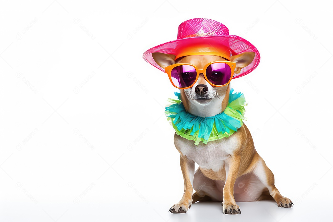 Cachorro chihuahua engraçado usando chapéu e óculos de sol em fundo branco