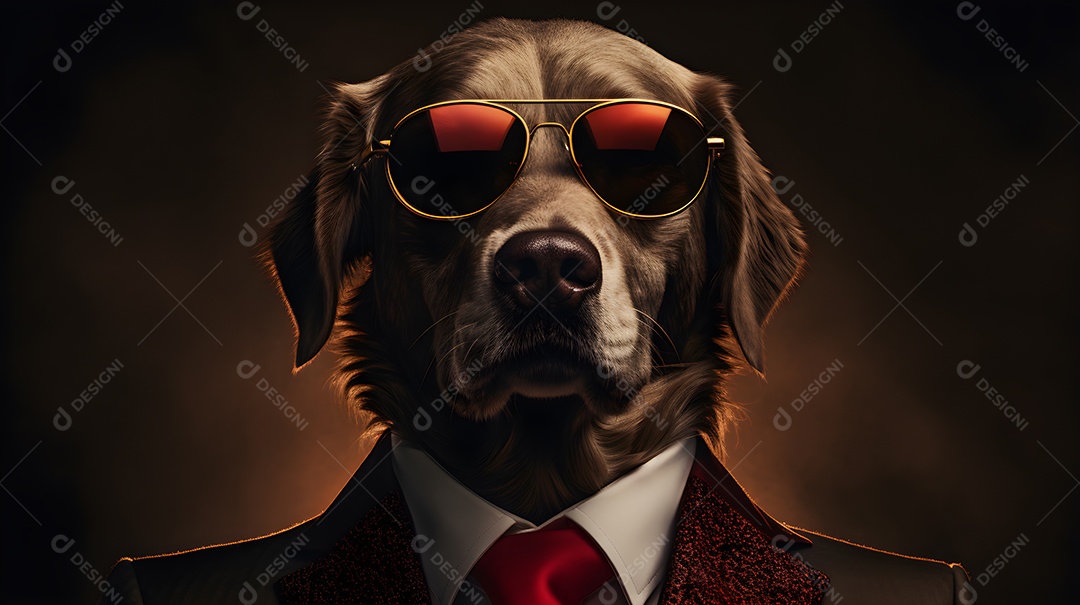 Imagem de um cachorro usando óculos de sol e um terno em um cenário que sugere um ambiente formal ou de negócios