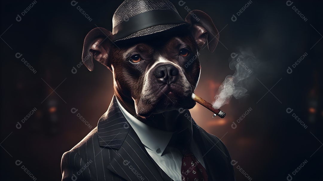 Imagem de um cachorro usando um terno em um cenário que sugere um ambiente formal ou de negócios