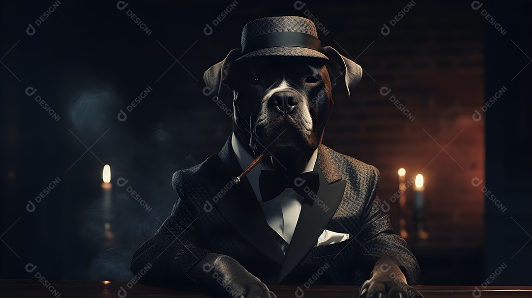 Imagem de um cachorro usando um terno em um cenário que sugere um ambiente formal ou de negócios