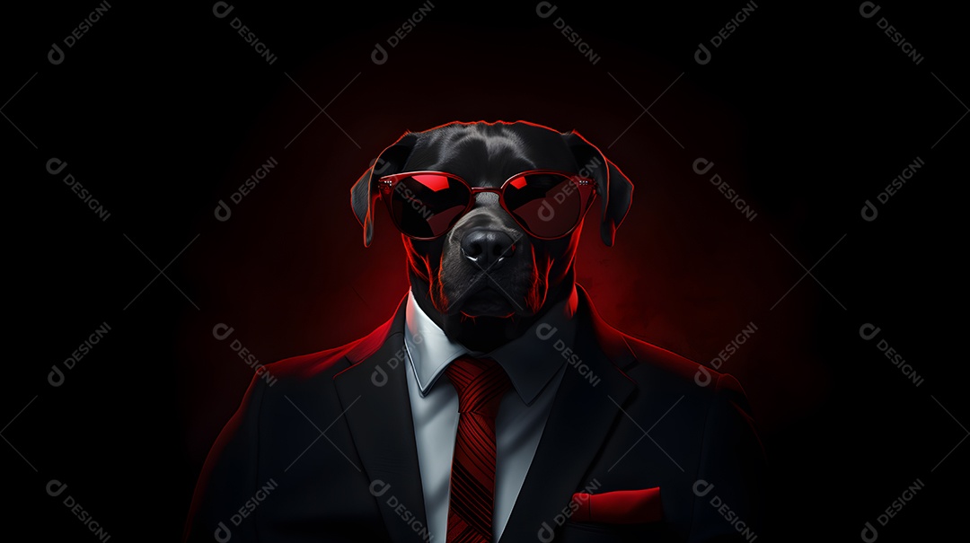 Imagem de um cachorro usando óculos de sol e um terno em um cenário que sugere um ambiente formal ou de negócios