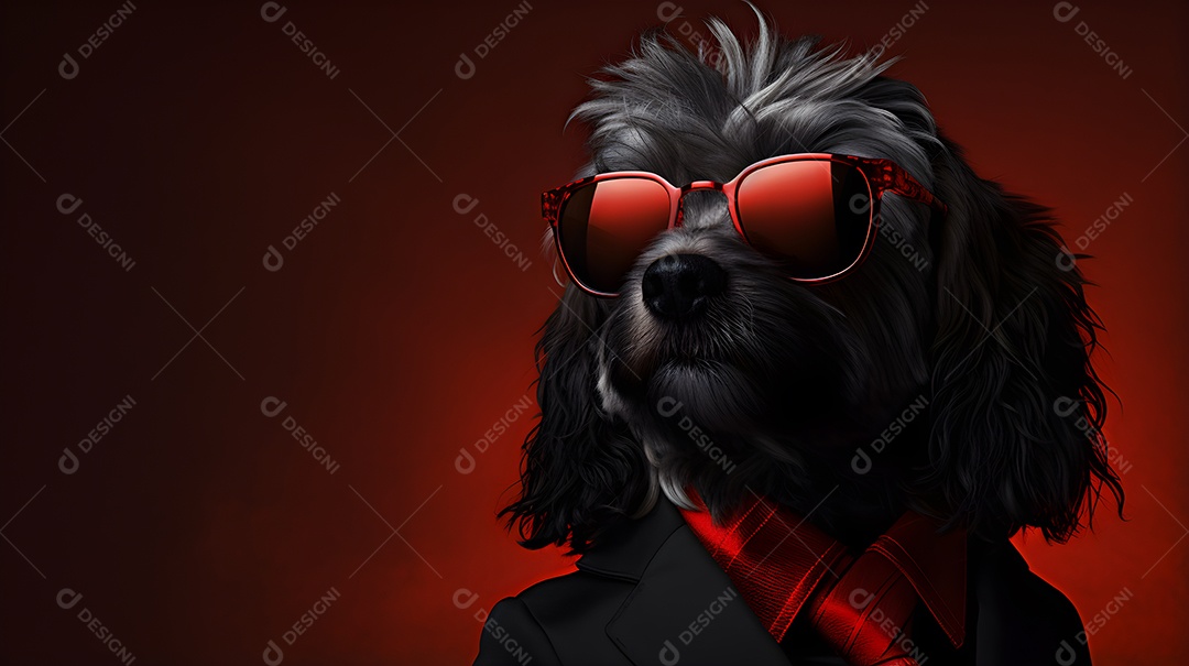 Imagem de um cachorro usando óculos de sol e um terno em um cenário que sugere um ambiente formal ou de negócios