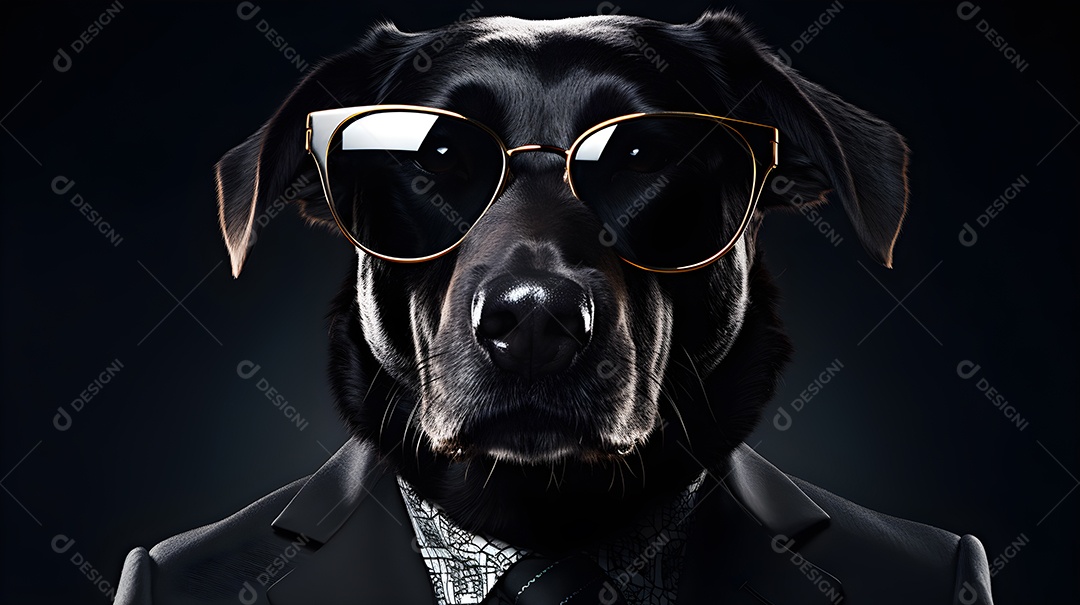 Imagem de um cachorro usando óculos de sol e um terno em um cenário que sugere um ambiente formal ou de negócios