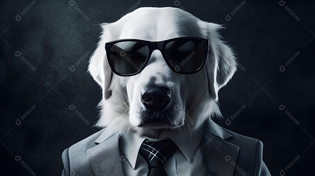 Imagem de um cachorro usando óculos de sol e um terno em um cenário que sugere um ambiente formal ou de negócios