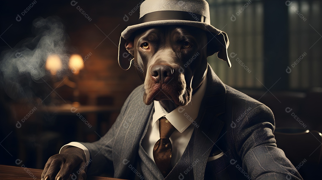Imagem de um cachorro usando um terno em um cenário que sugere um ambiente formal ou de negócios