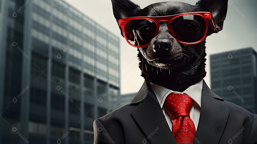 Imagem de um cachorro usando óculos de sol e um terno em um cenário que sugere um ambiente formal ou de negócios