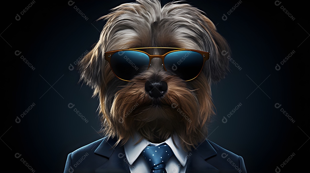 Imagem de um cachorro usando óculos de sol e um terno em um cenário que sugere um ambiente formal ou de negócios
